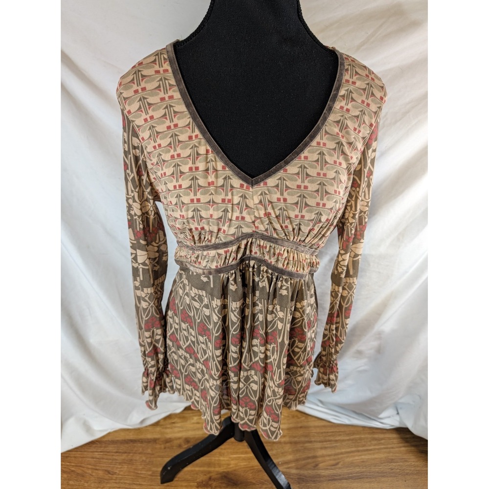 Vintage Y2K DKNY Floral Neutral Tone Mesh Long Sleeve Top Size M